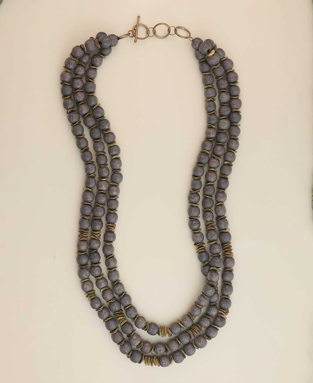 Three-Strand Charcoal Bead Necklace with Brass Spacers