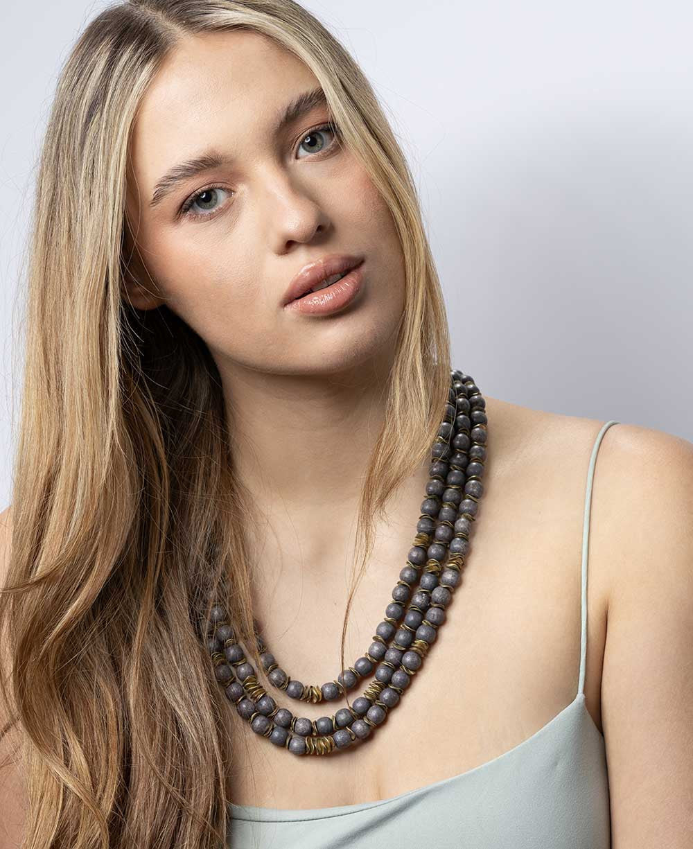 Three-Strand Charcoal Bead Necklace with Brass Spacers