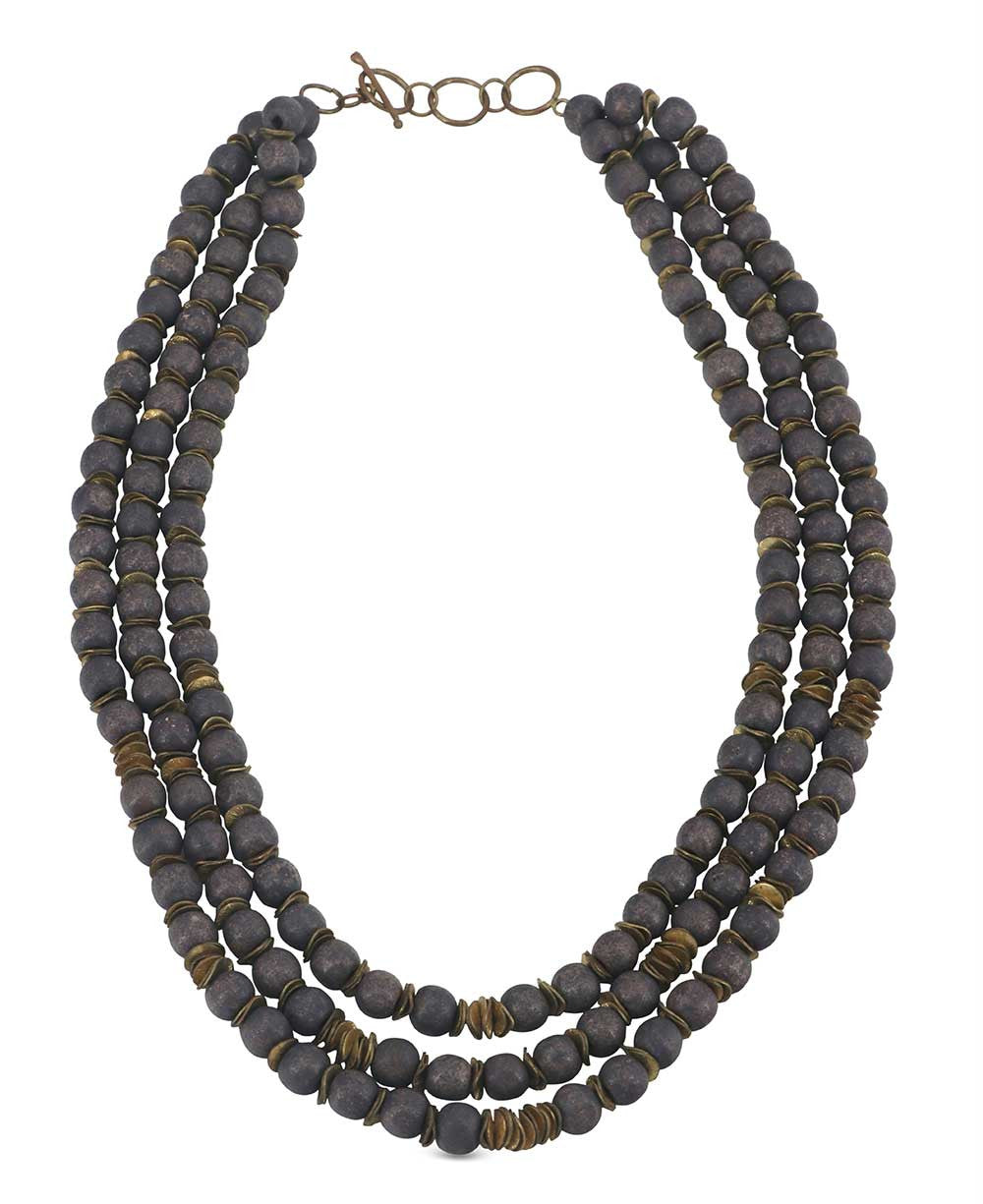 Three-Strand Charcoal Bead Necklace with Brass Spacers