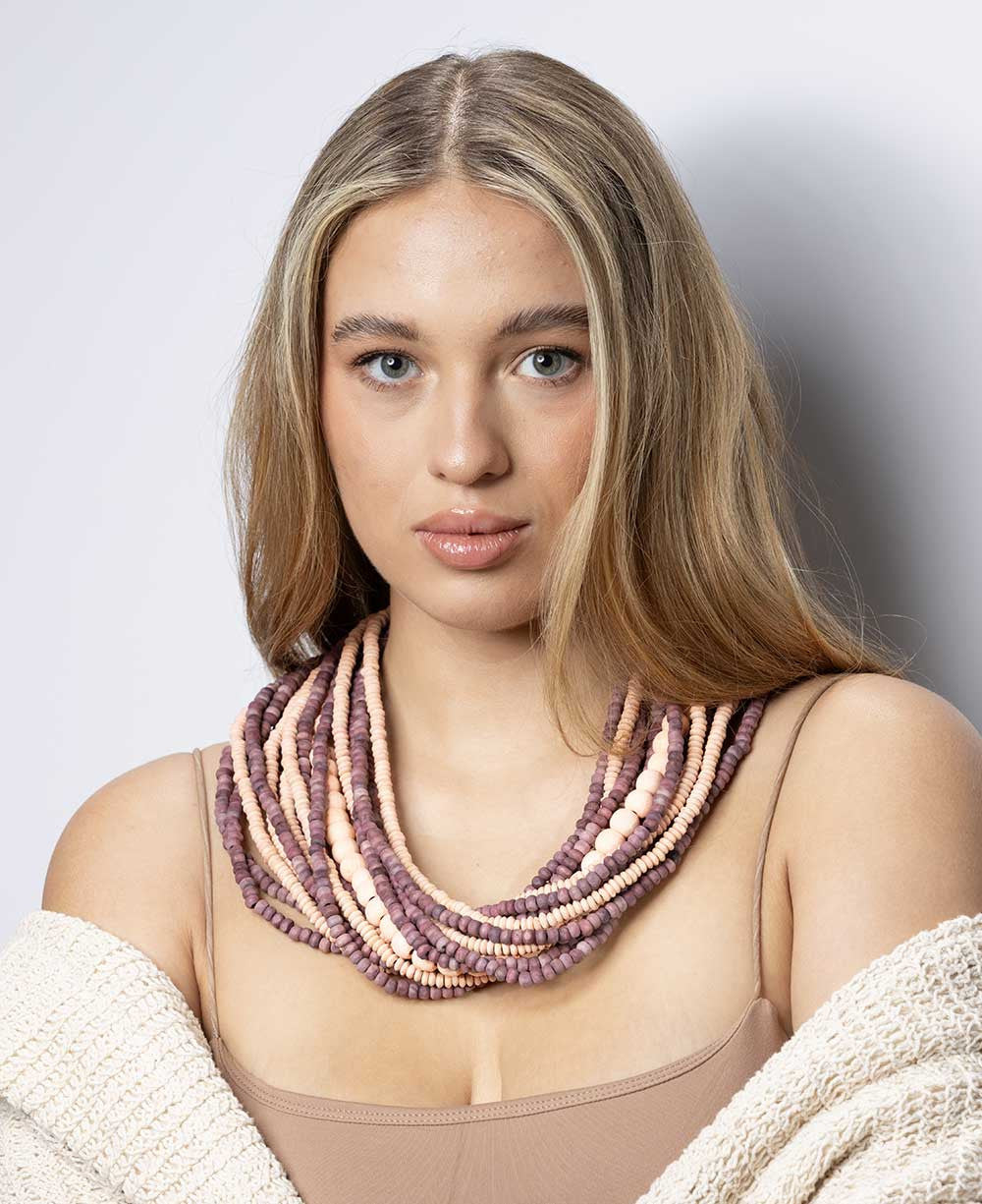 Layered Wood Bead Necklace in Pink, Lilac and Peach