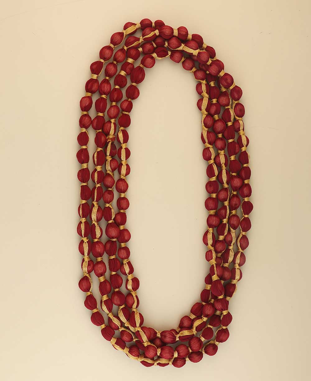 Crimson Fabric-Wrapped Bead Rope Necklace