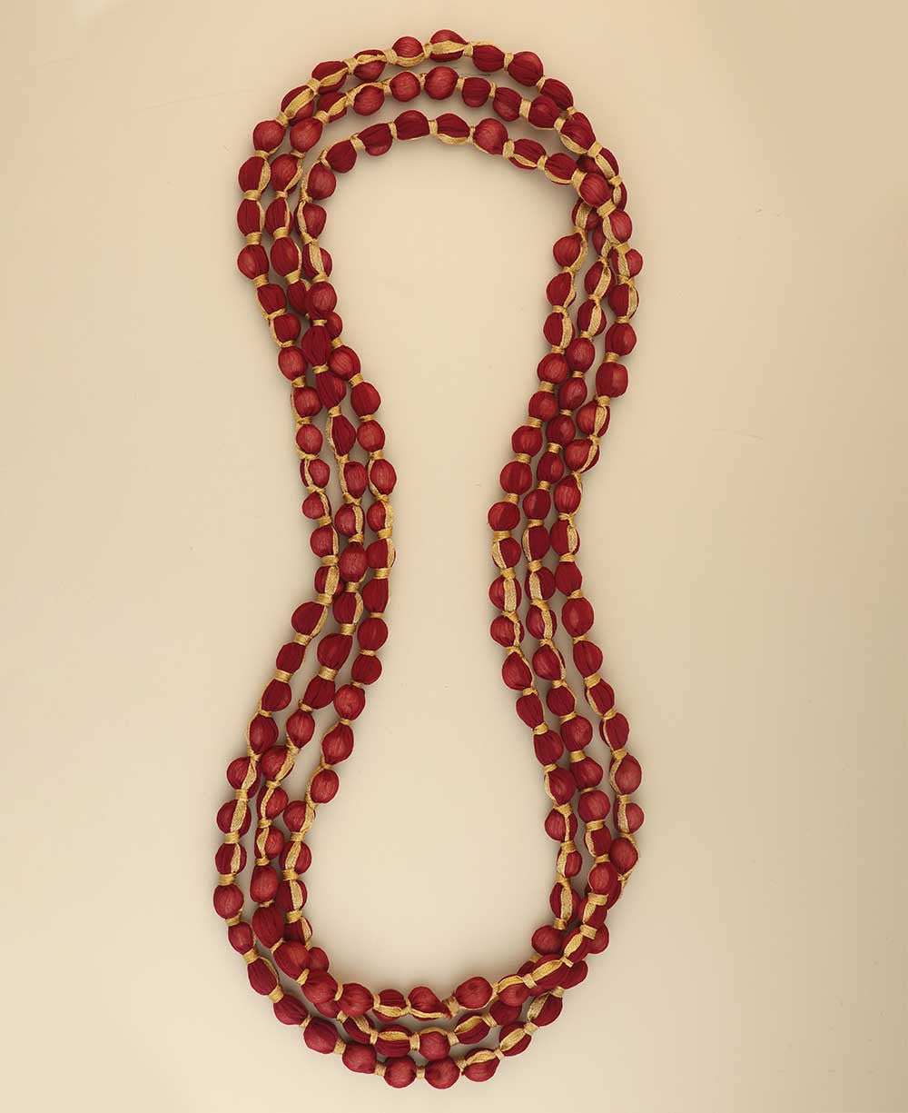 Crimson Fabric-Wrapped Bead Rope Necklace