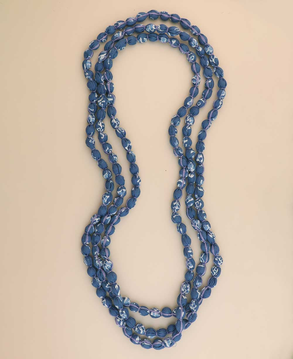 Endless Blue Fabric-Wrapped Bead Necklace