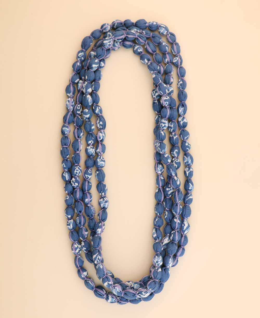 Endless Blue Fabric-Wrapped Bead Necklace