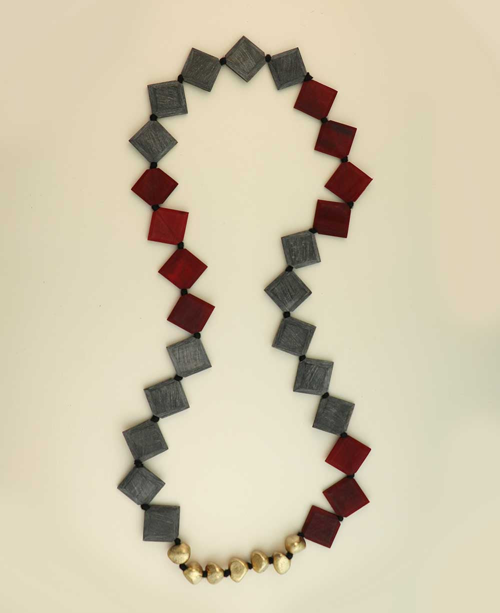 Red and Gray Horn Necklace with Brass Cluster