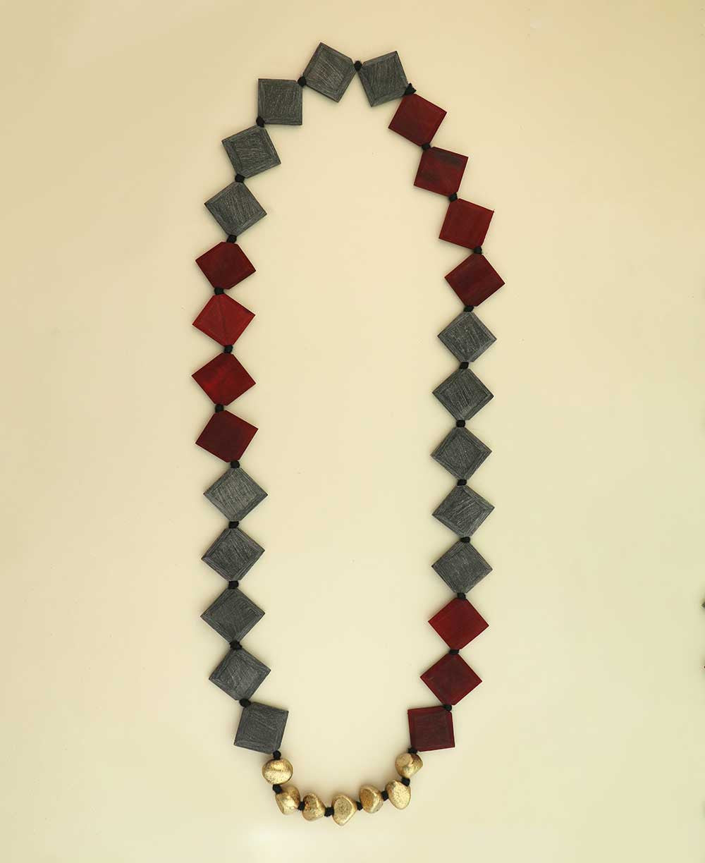 Red and Gray Horn Necklace with Brass Cluster