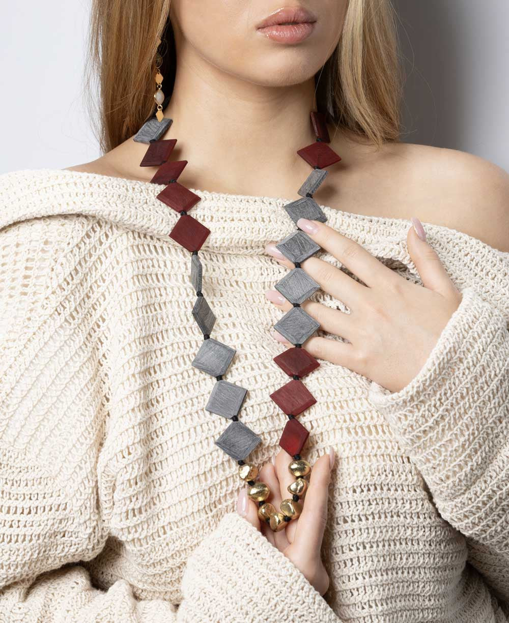 Red and Gray Horn Necklace with Brass Cluster