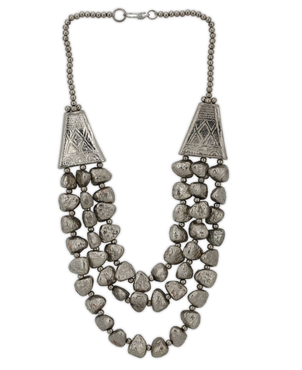 Triple-Strand Nugget Necklace with Engraved Trapezoid Cones