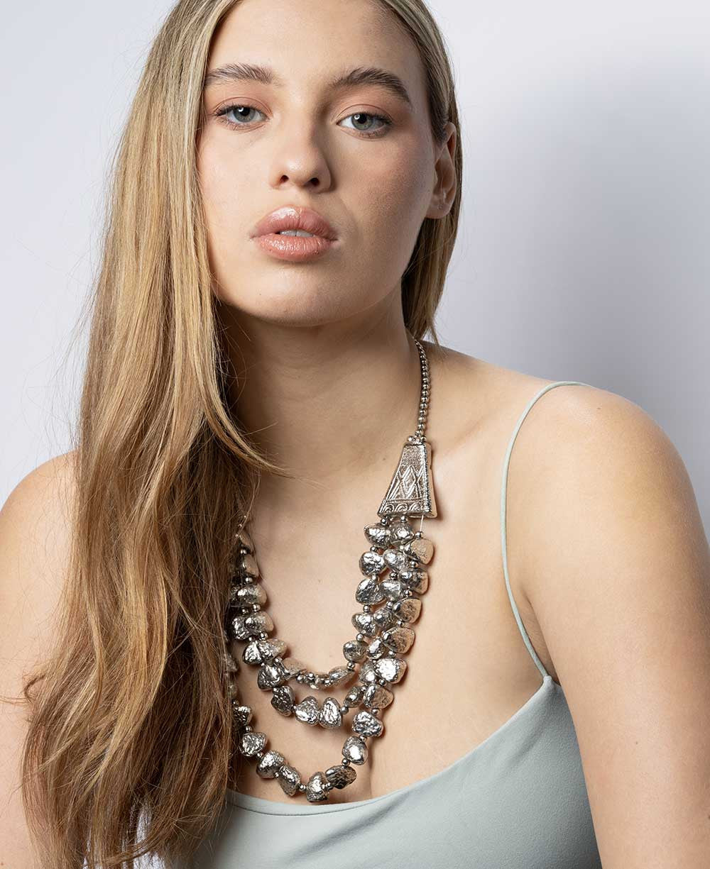 Triple-Strand Nugget Necklace with Engraved Trapezoid Cones