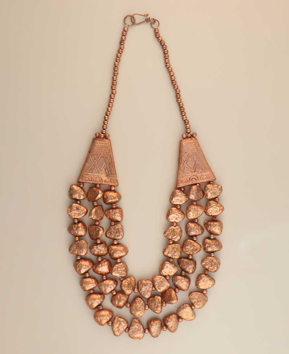 Triple-Strand Copper-Tone Nugget Necklace
