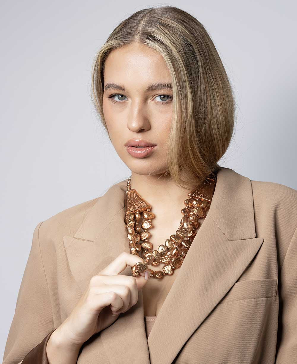 Triple-Strand Copper-Tone Nugget Necklace