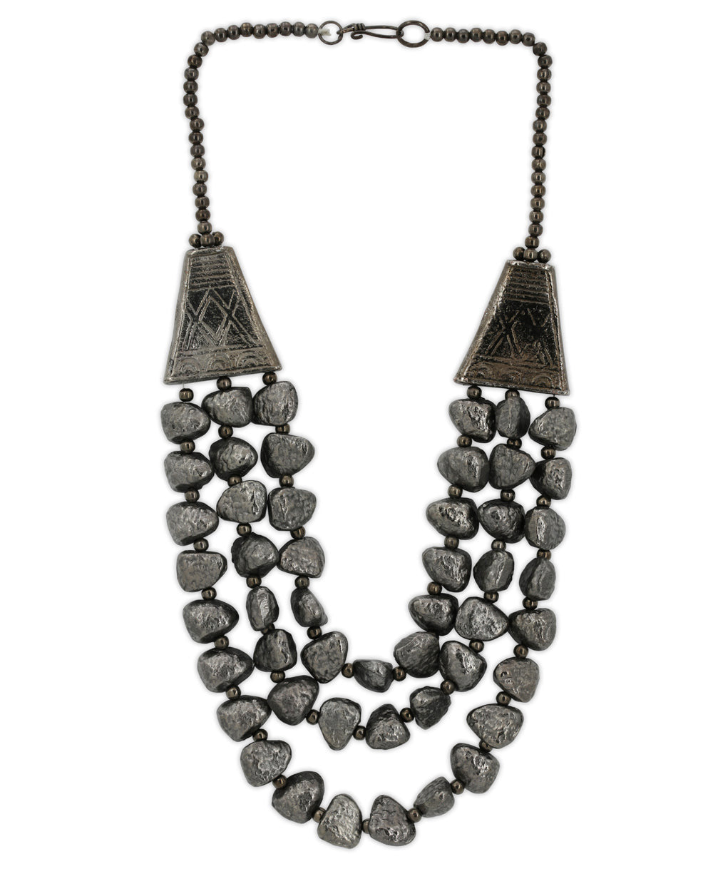 Gunmetal Triple-Strand Pebble Necklace with Etched Cones
