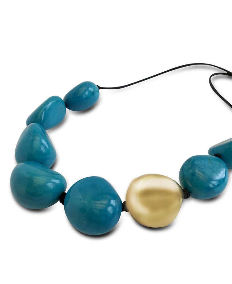 Teal Tagua Nugget Necklace with Gold Pod