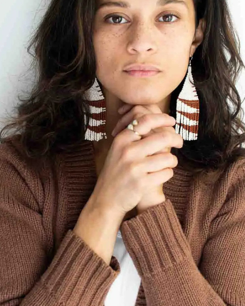 Cream and Crimson Beaded Fringe Earrings