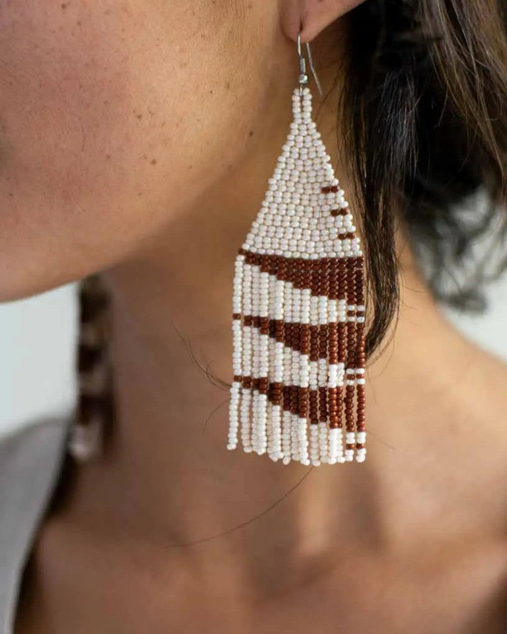 Cream and Crimson Beaded Fringe Earrings