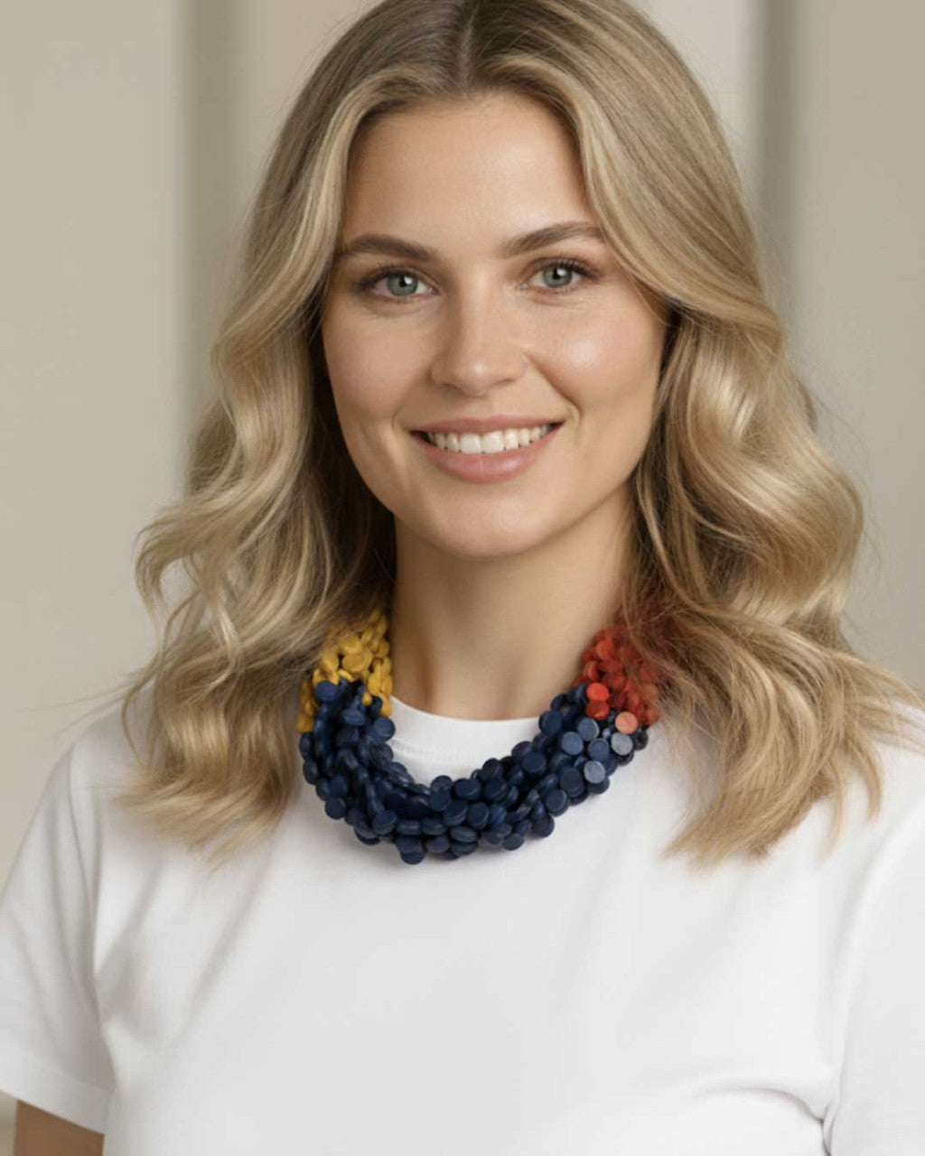 Multi-Strand Wood Disc Collar in Red, Yellow and Blue