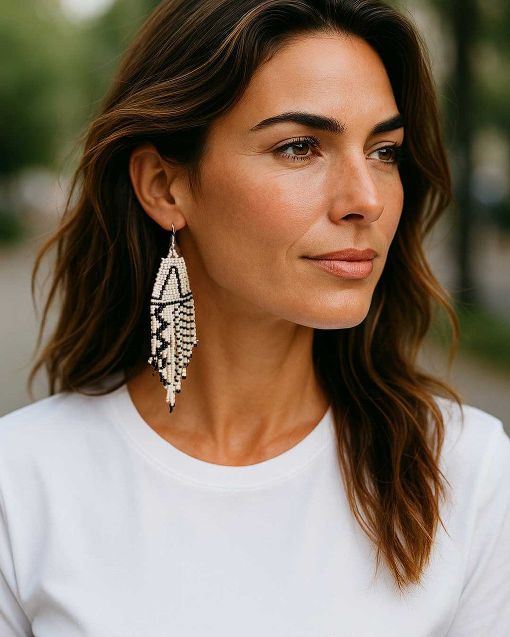 Triangle Motif Beaded Fringe Earrings in Cream and Black