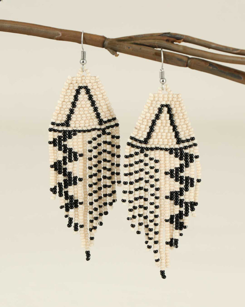 Triangle Motif Beaded Fringe Earrings in Cream and Black