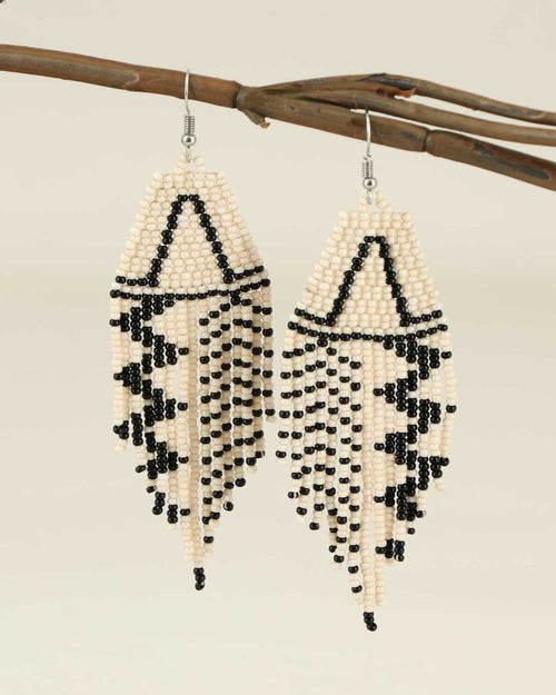 Triangle Motif Beaded Fringe Earrings in Cream and Black