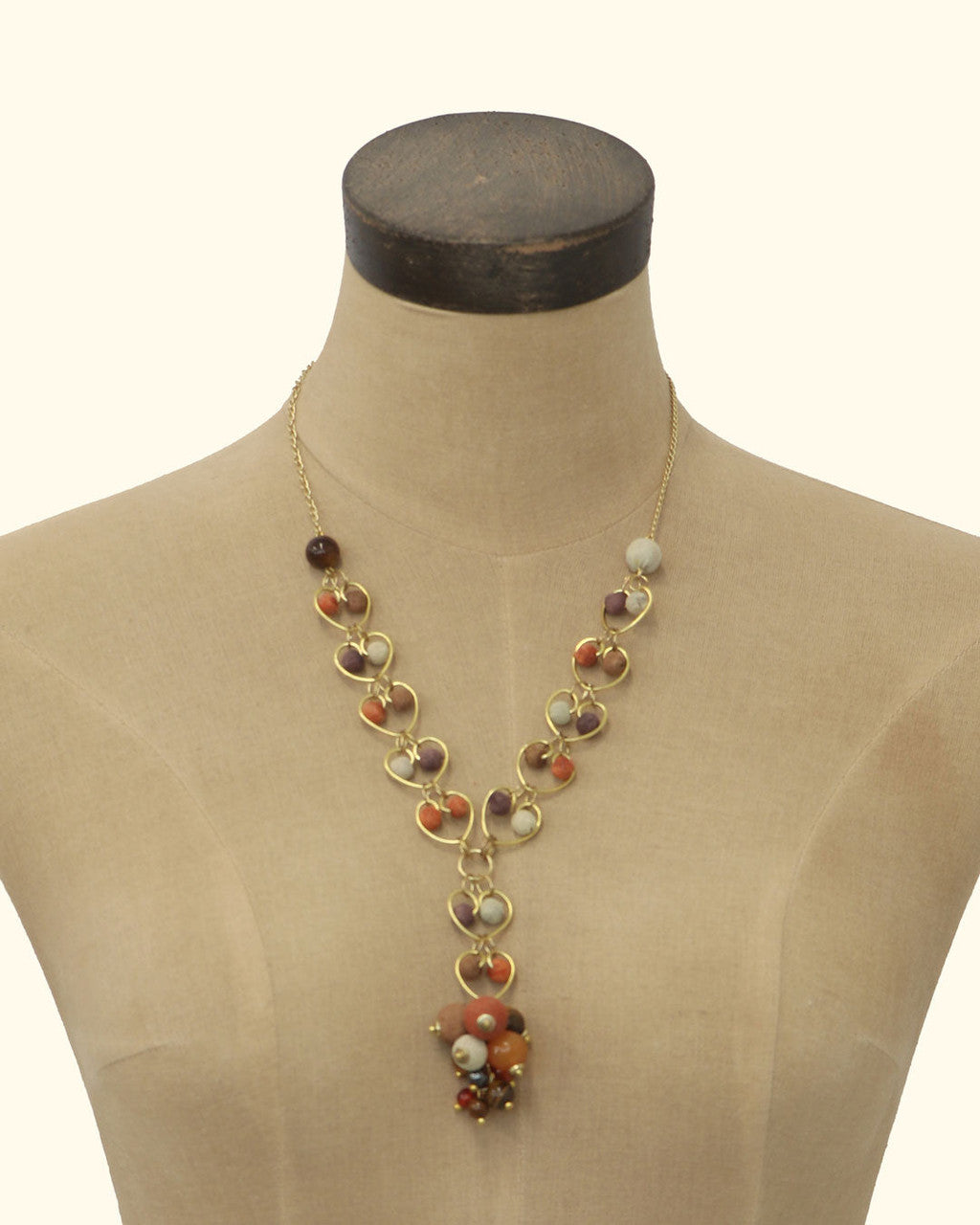 Heart-Link Y Necklace with Earthtone Bead Cluster