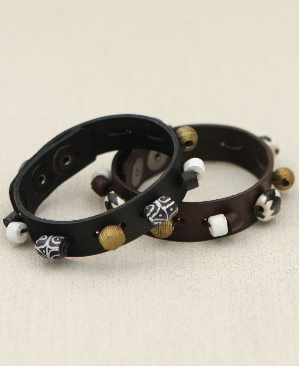 Painted Bead & Brass Leather Cuff