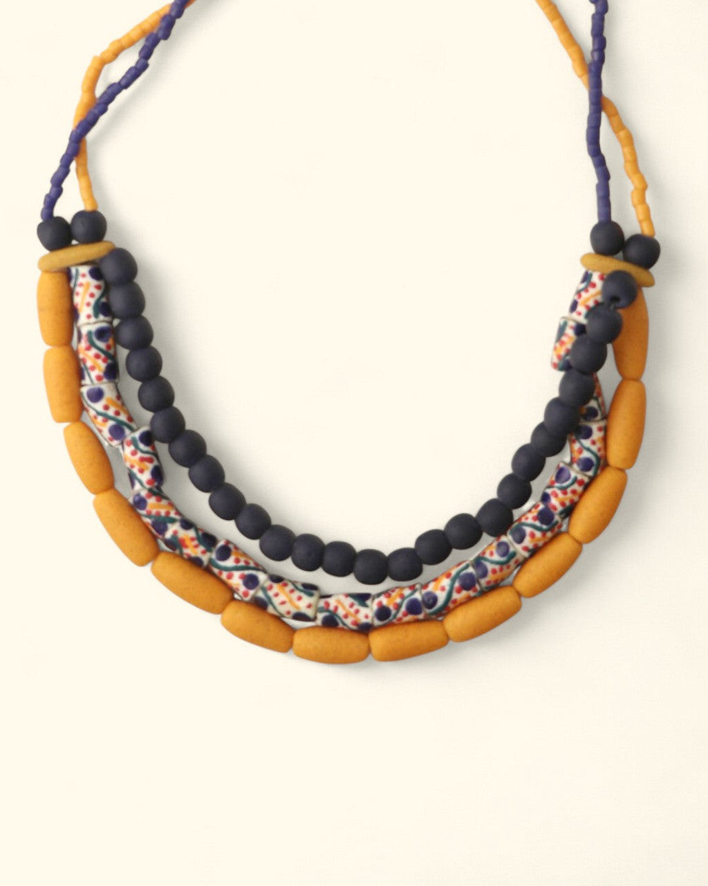 Three-Row Glass Bead Necklace in Navy, Mustard and White