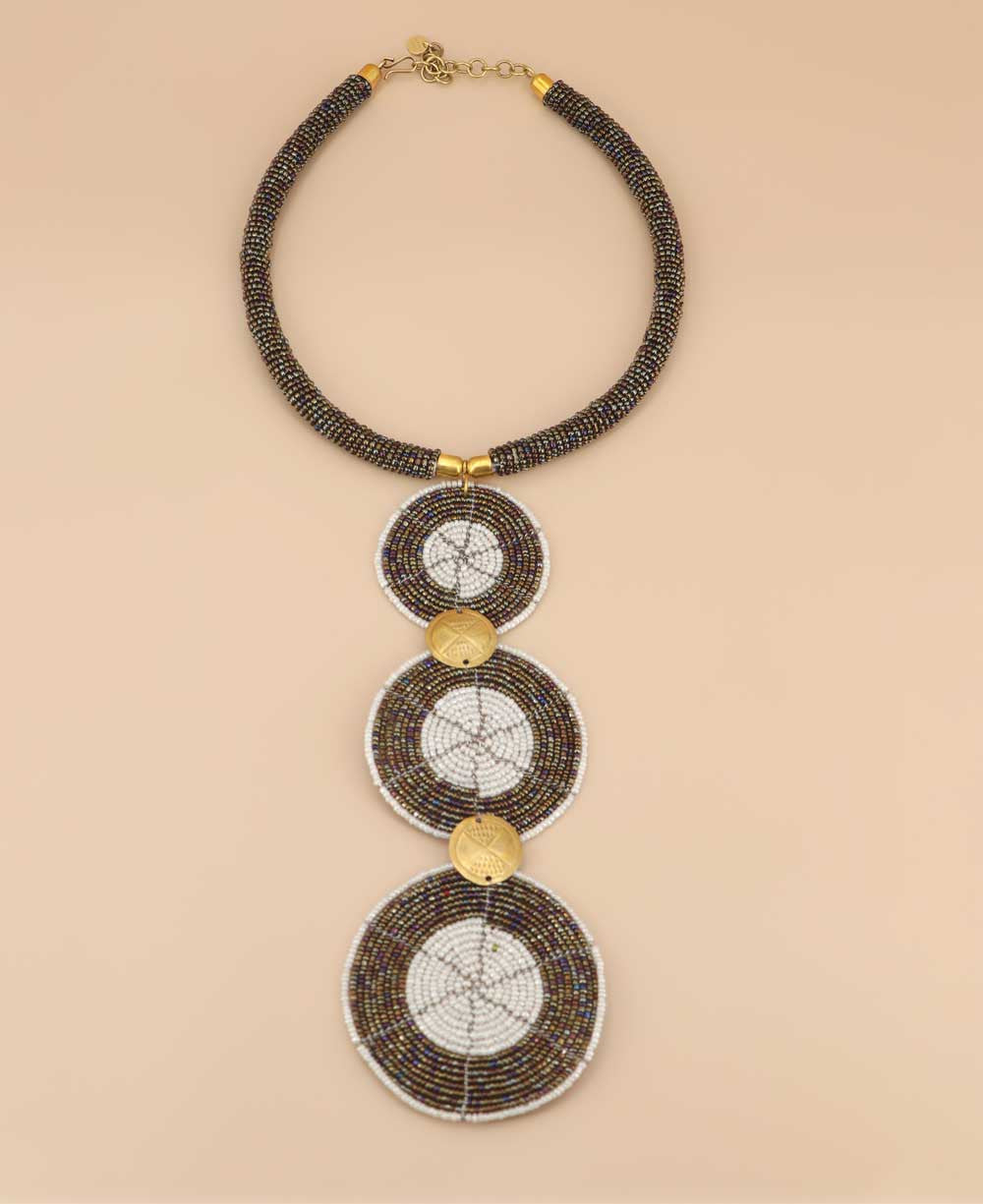 Graduated Beaded Disc Necklace with Brass Coins