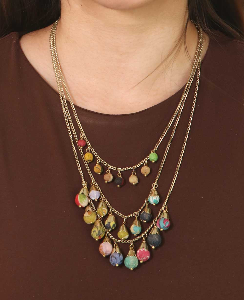 Three-Tier Fringe Necklace, Sari-Wrapped Beads