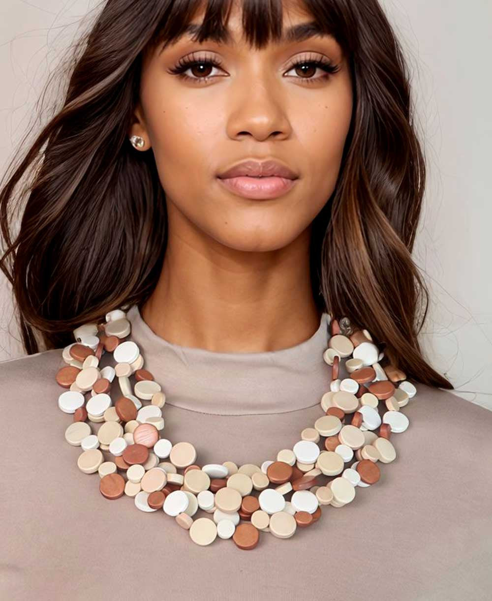Layered Wood Disc Necklace in Terracotta and Cream