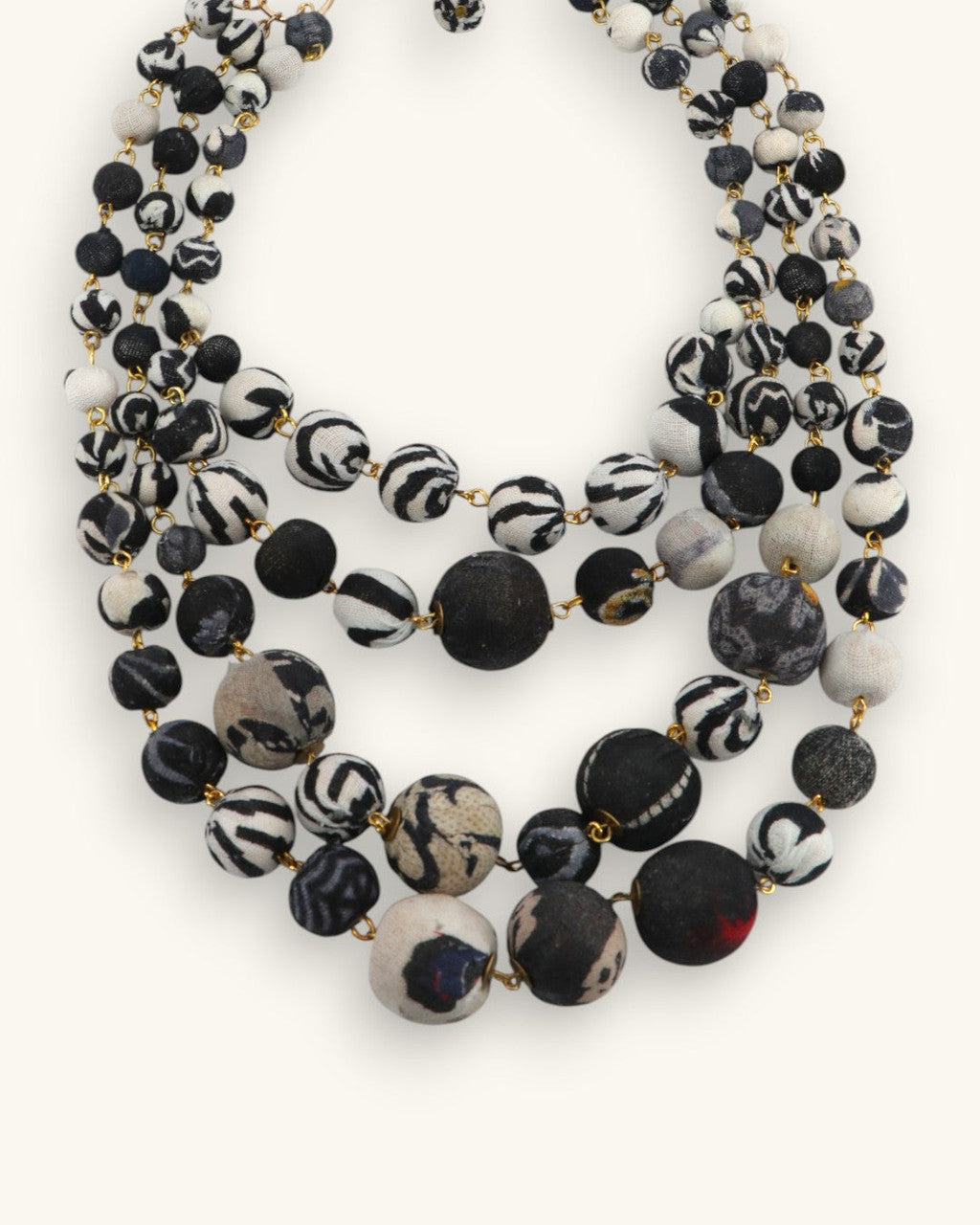 Four-Strand Fabric Bead Necklace, Black and Cream