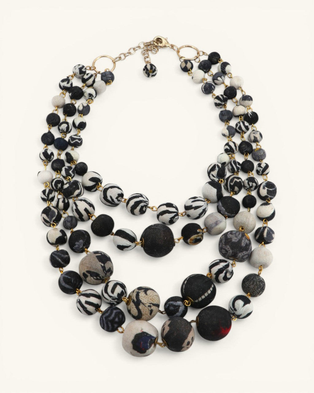 Four-Strand Fabric Bead Necklace, Black and Cream