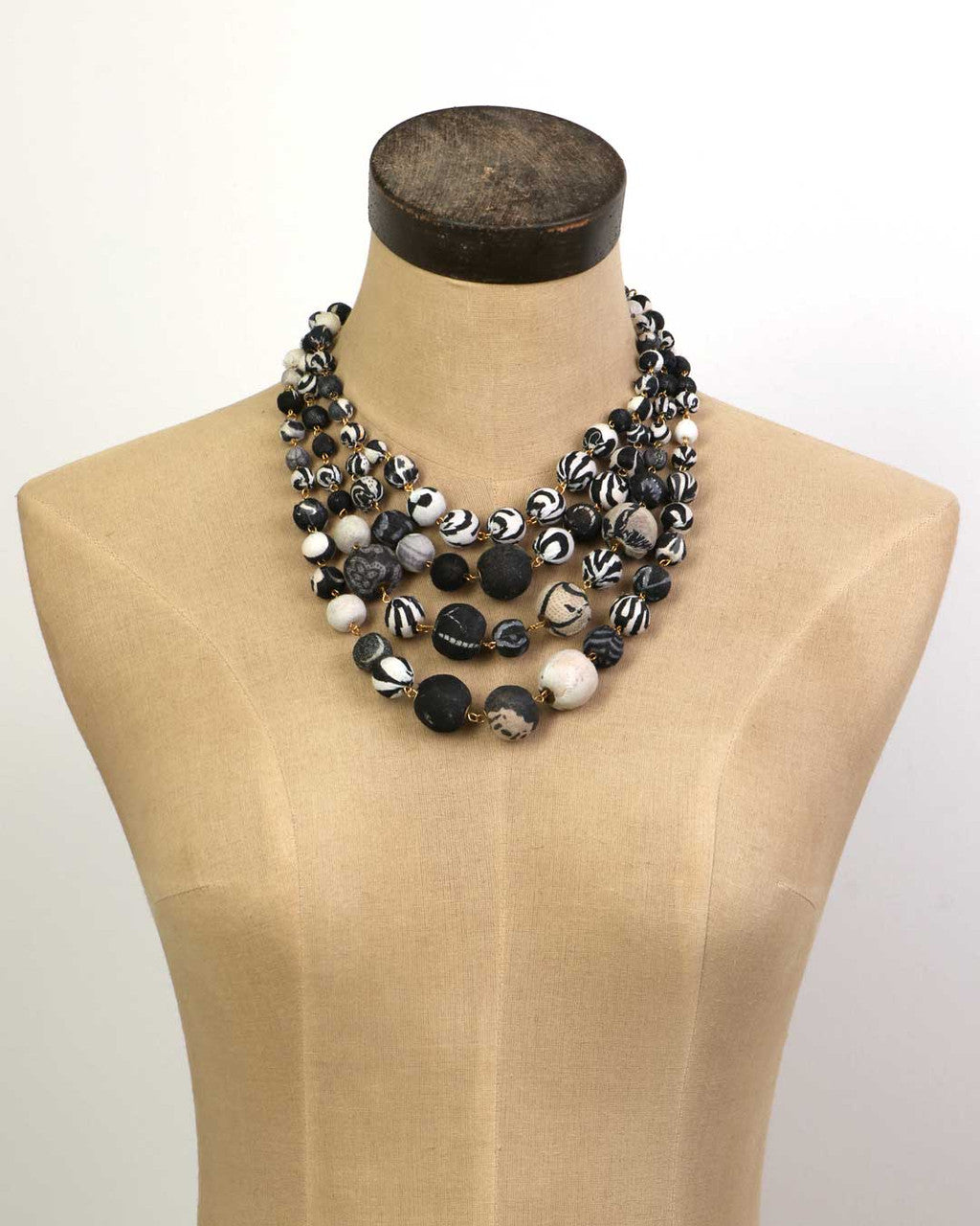 Four-Strand Fabric Bead Necklace, Black and Cream