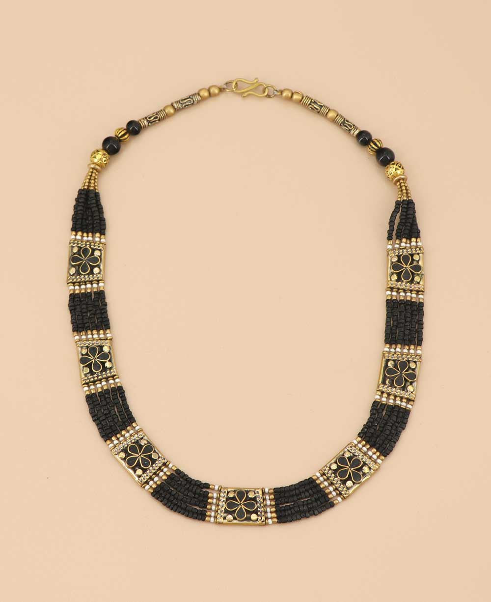 Black Bead Necklace with Brass Floral Plaques