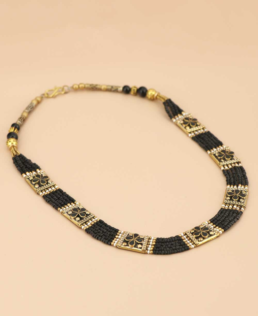 Black Bead Necklace with Brass Floral Plaques