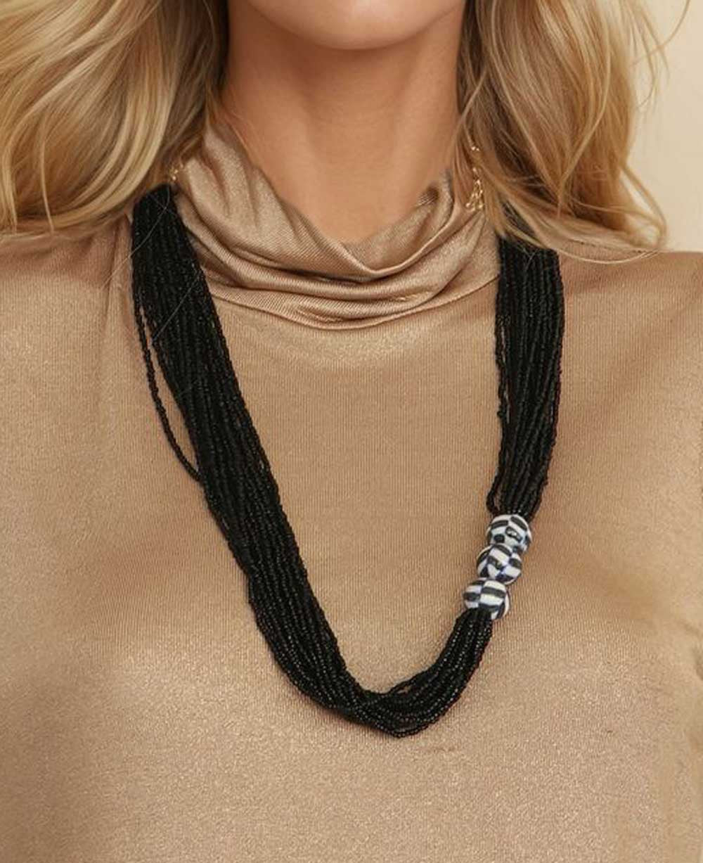 Multi-Strand Black Seed Bead Necklace with Painted Ceramic Trio