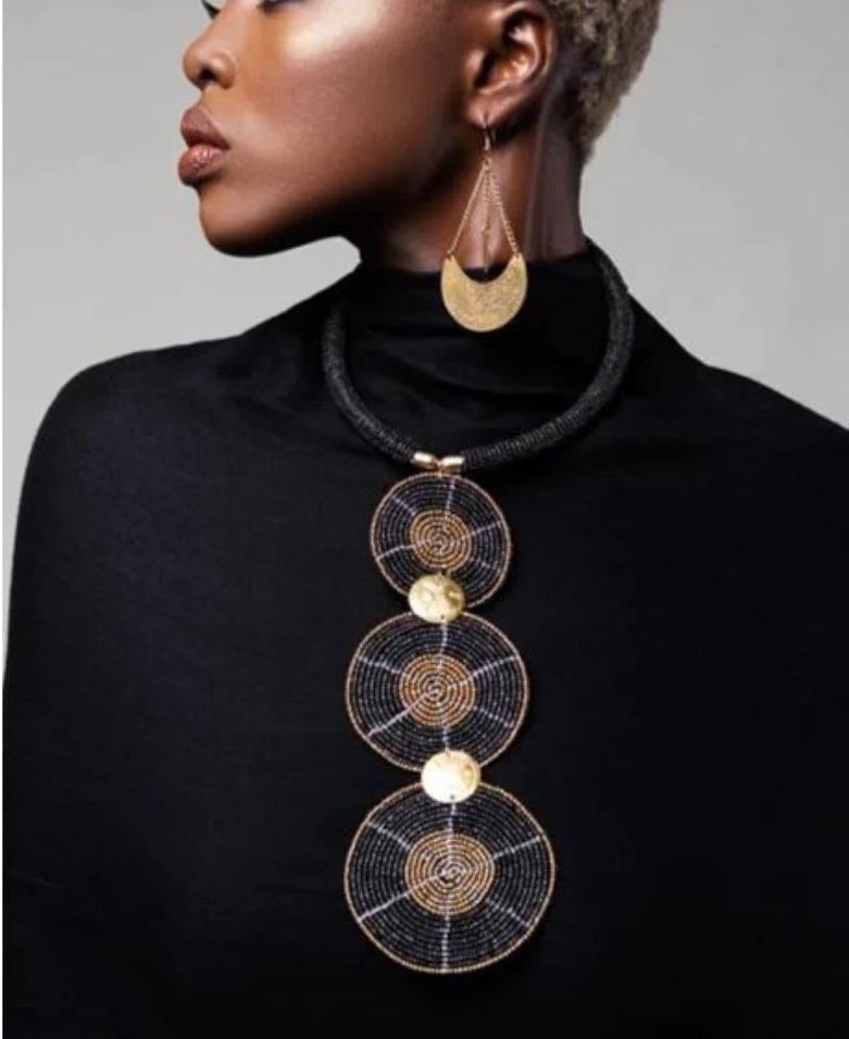 Graduated Beaded Disc Necklace with Brass Coins