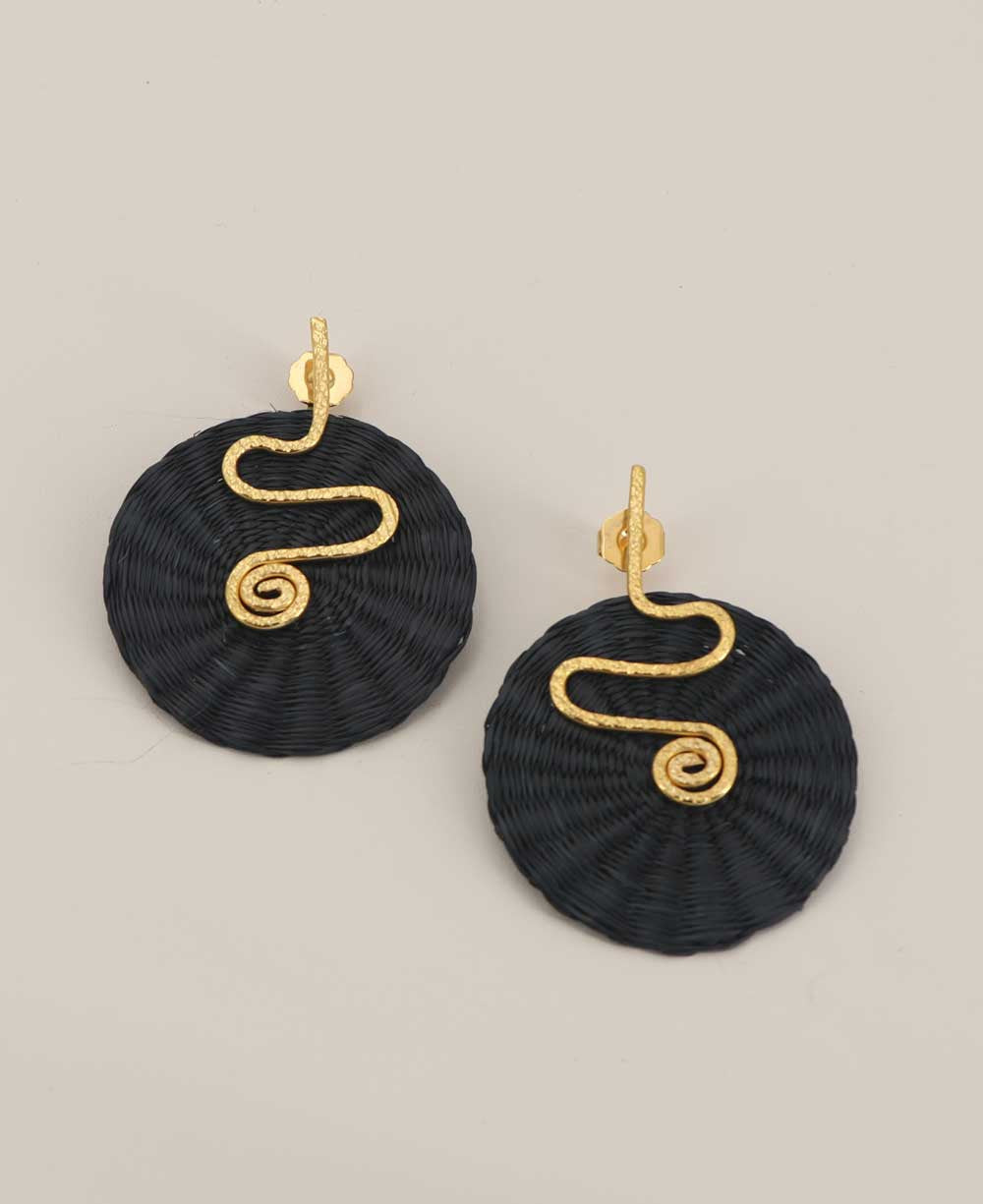 Woven Black Palm Earrings with Gold Spiral