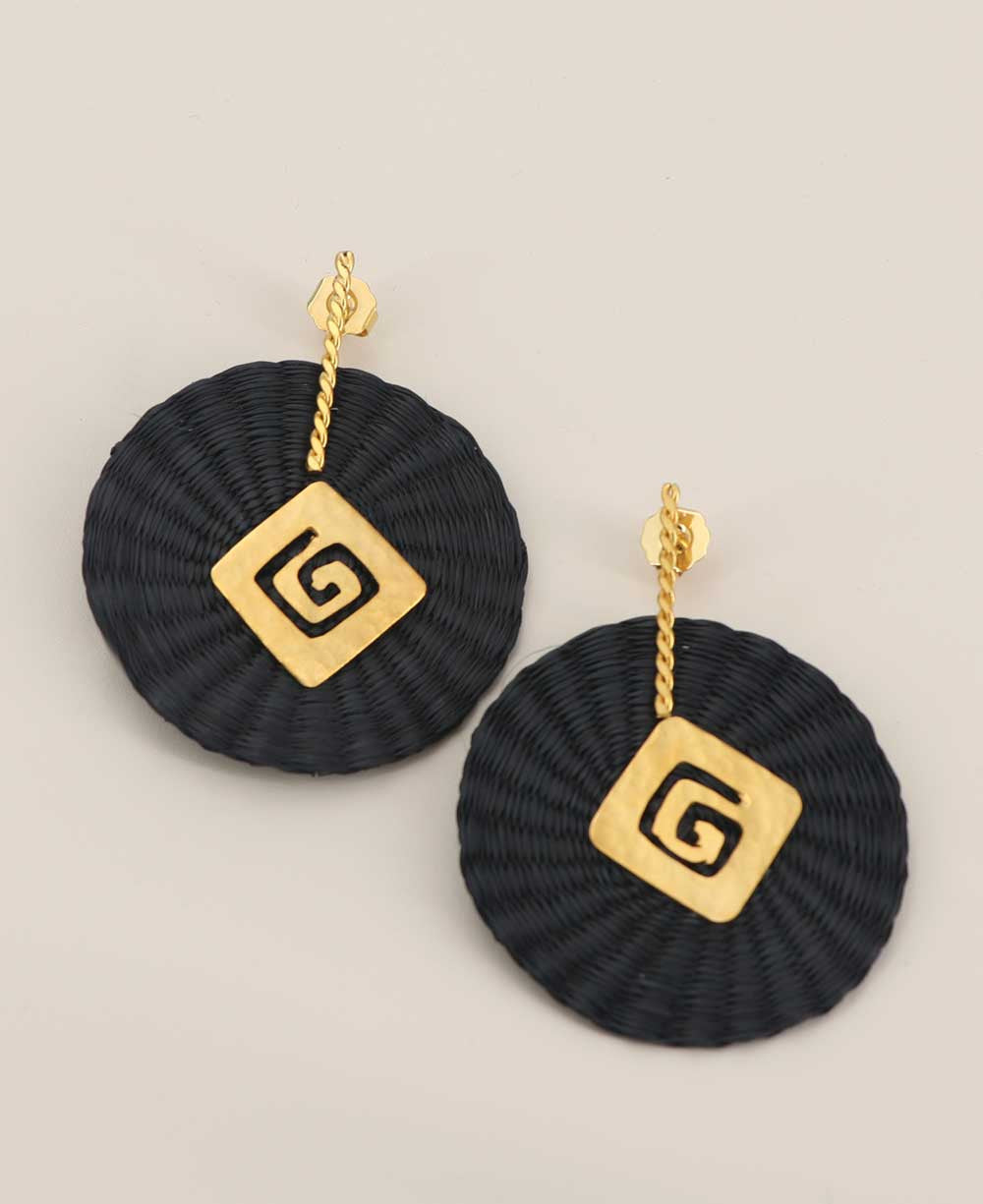 Woven Black Disc Earrings with Gold Spiral Charm