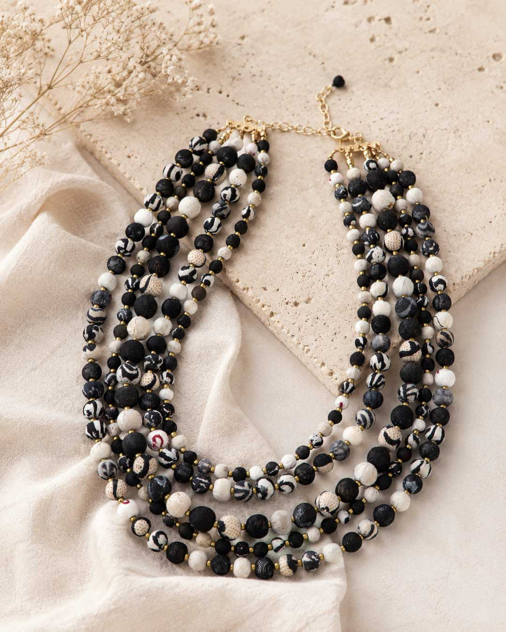 Layered Five-Strand Necklace, Black and Ivory