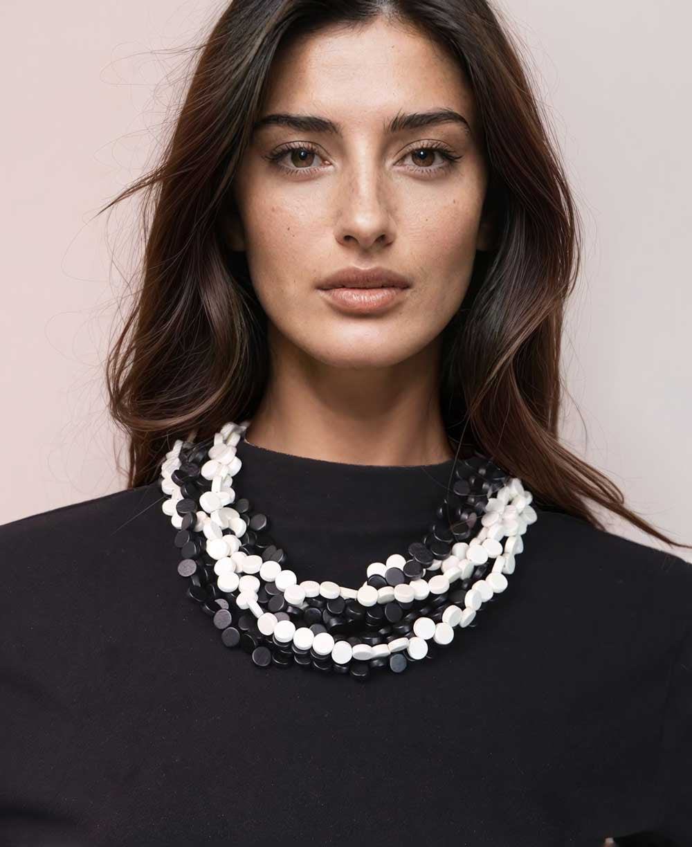 Twisted Nine-Strand Disc Necklace, Black and White