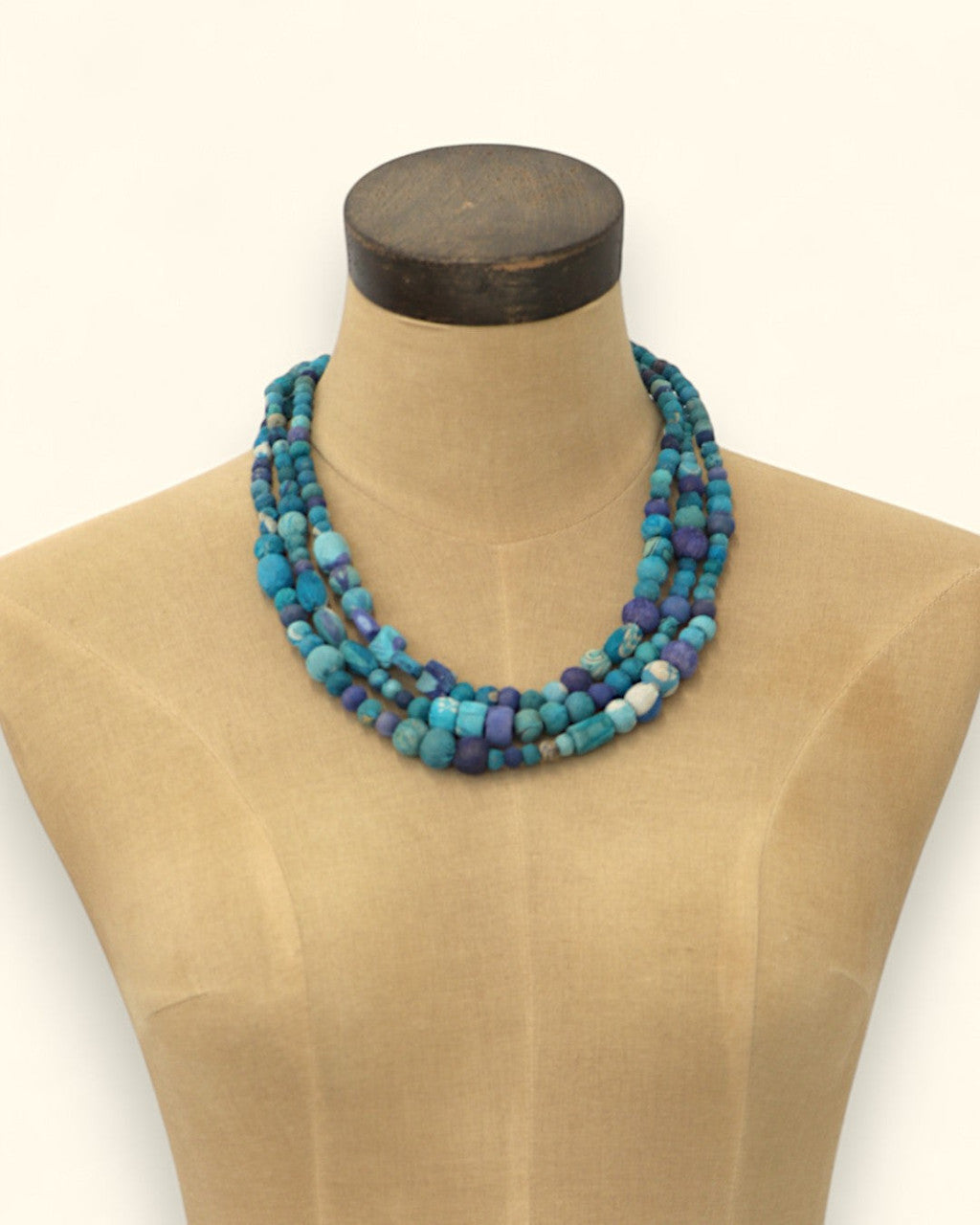 Three-Strand Kantha Bead Necklace in Tonal Blue