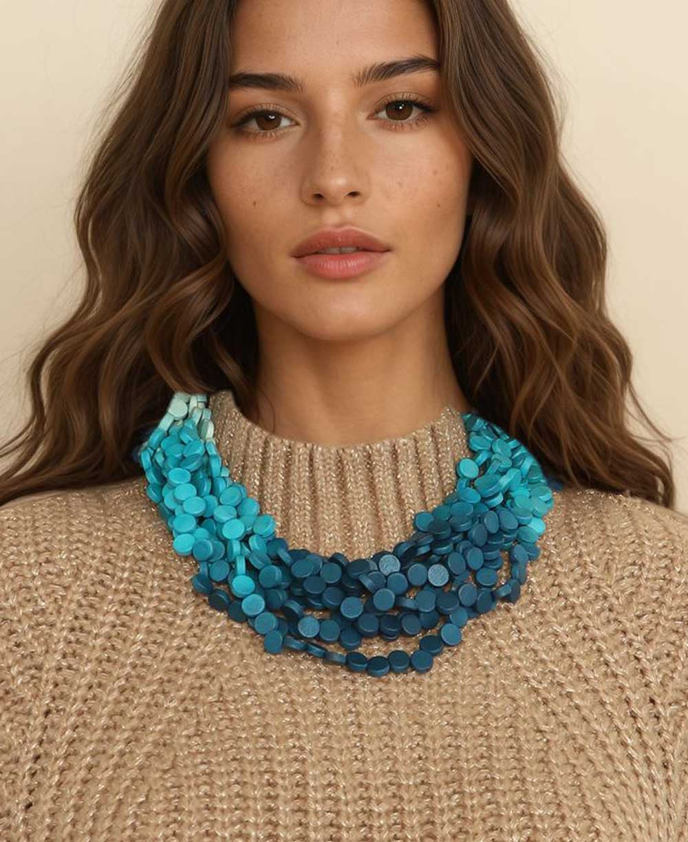 Aqua Ombre Wooden Disc Multi-Strand Necklace