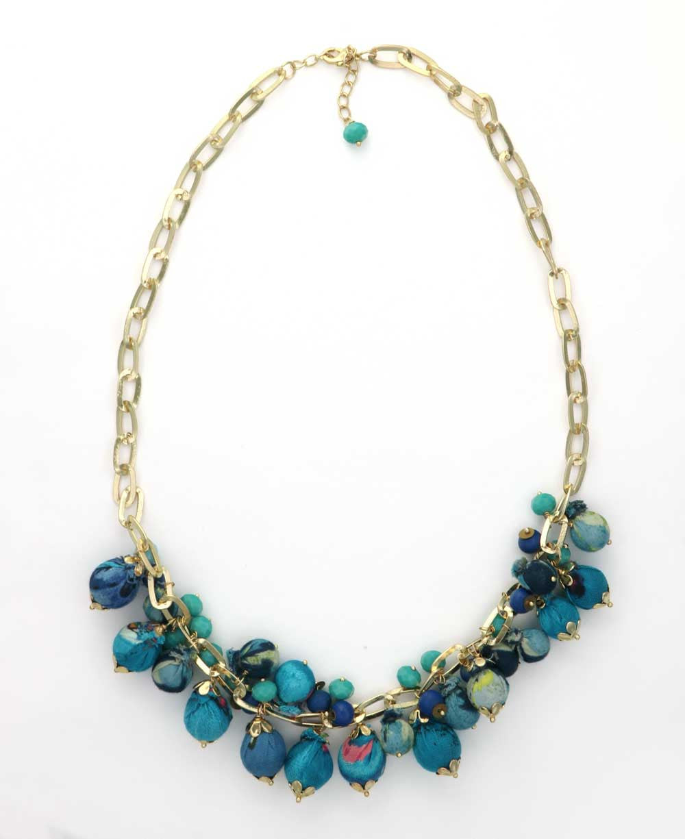 Blue Fabric Bead Cluster Bib Necklace