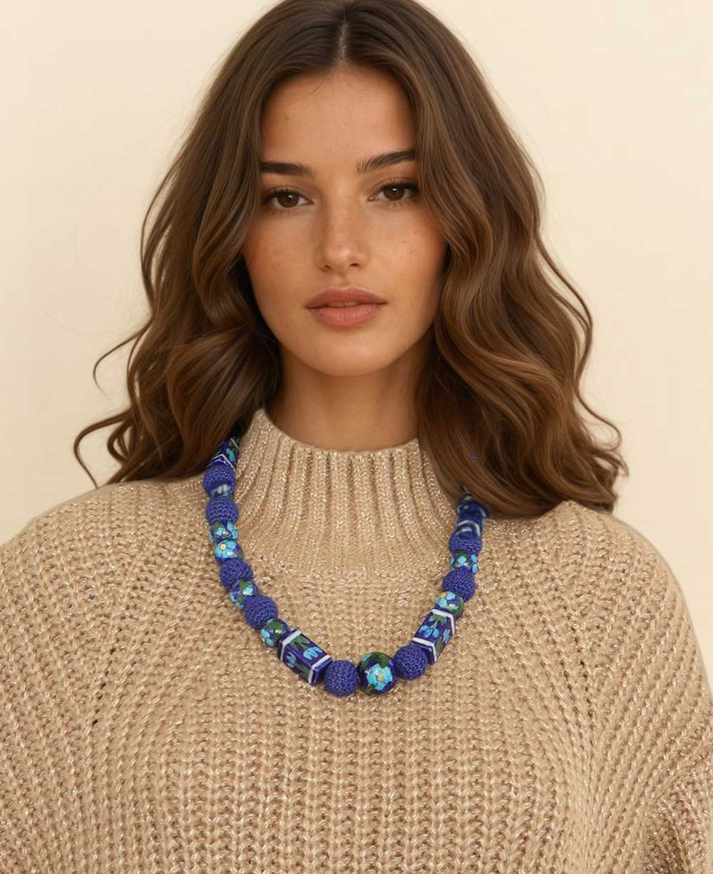Cobalt Floral Ceramic and Crochet Bead Necklace