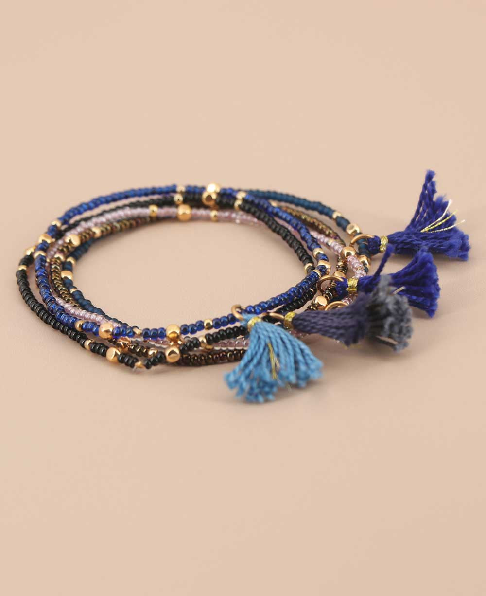 Beaded Stretch Bracelet Stack in Blues, Set of Five