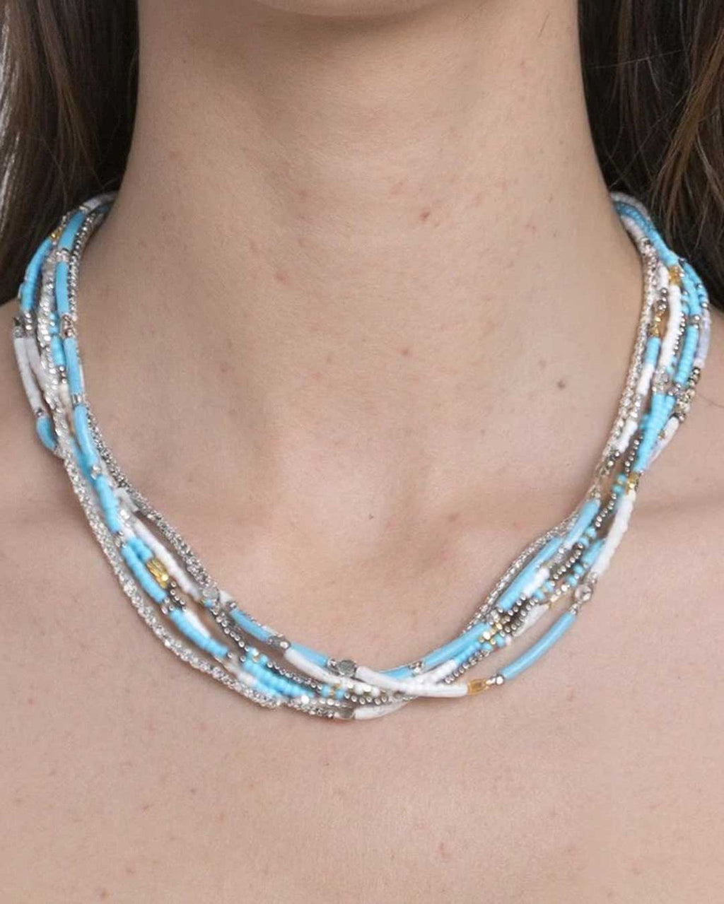 Turquoise and Silver Multistrand Seed Bead Necklace