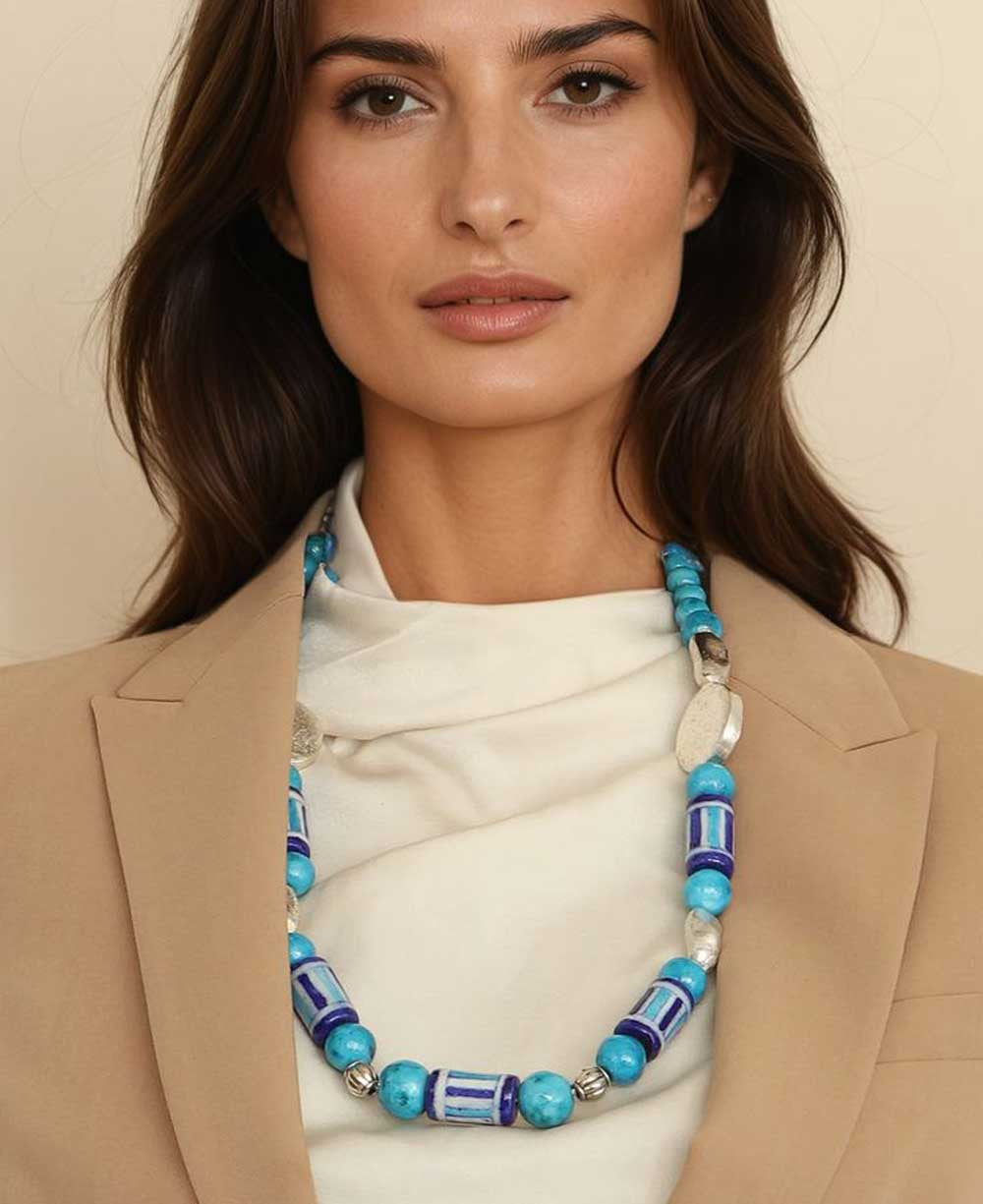 Striped Ceramic Bead Strand with Hammered Silver-Tone Discs