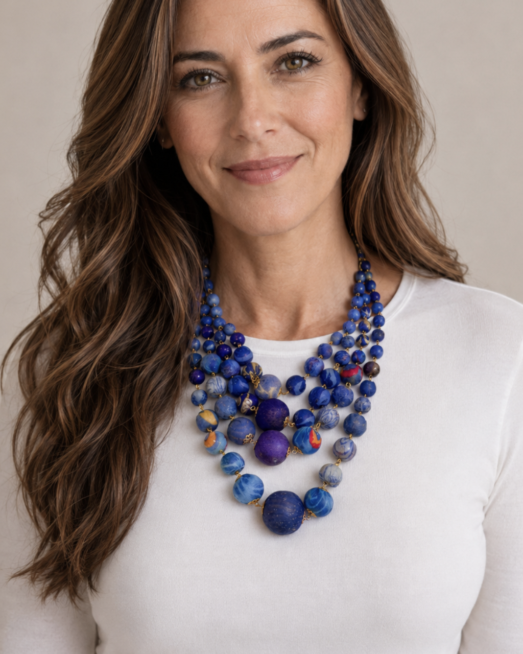Graduated Four-Strand Indigo Sari-Wrapped Bead Necklace