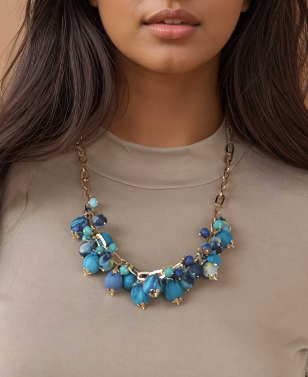 Blue Fabric Bead Cluster Bib Necklace
