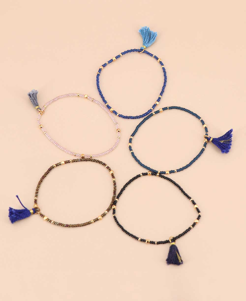 Beaded Stretch Bracelet Stack in Blues, Set of Five